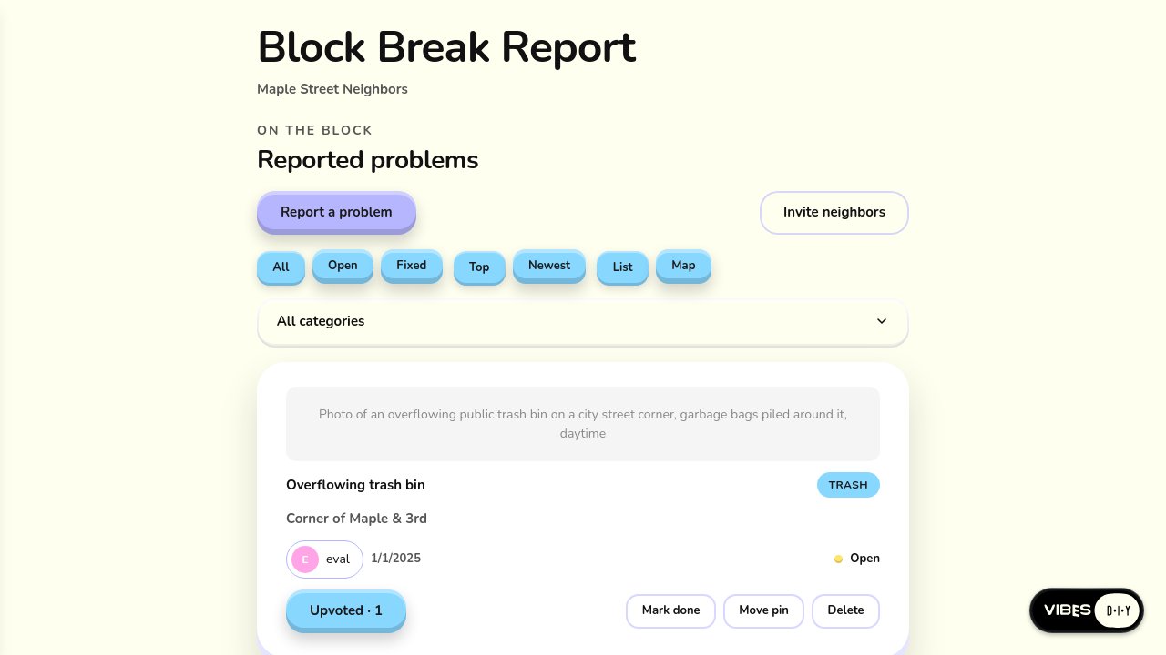 Platform screenshot of the Neighborhood board app built in round six